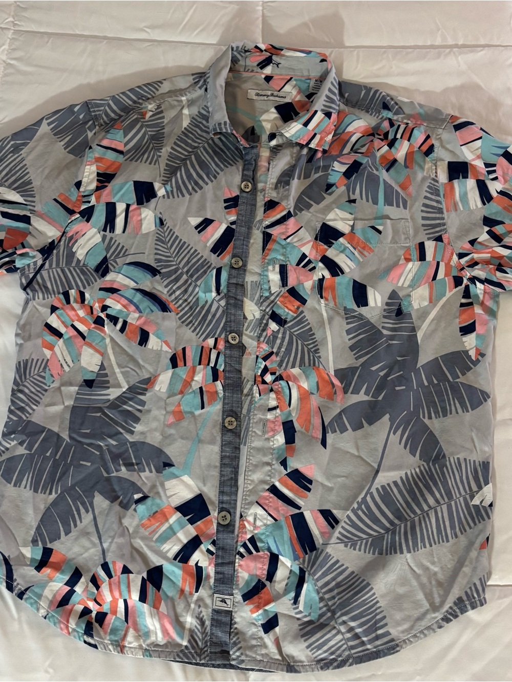 M- Tommy Bahama Gray Short-Sleeve Palm Print Shirt with Coral and Navy Accents